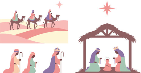 Nativity scene with three wise men and stable illustration
