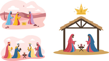 Christmas nativity scene with three wise men and stable illustration
