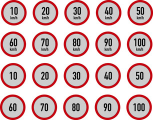 Speed Limit Sign Icons in Various Kilometers per Hour. Transparent background png