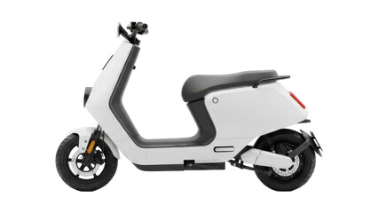 Obraz premium Side view of a white electric scooter with a black seat, designed for urban transportation.