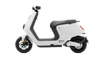 Side view of a white electric scooter with a black seat, designed for urban transportation.