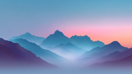 Obraz premium Serene Mountain Landscape at Dawn with Soft Pastel Skies and Layered Green and Blue Hills in a Tranquil Atmosphere of Nature's Beauty