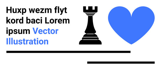 Game strategy, branding, love, communication, creativity, education. Chess rook, blue heart and lorem ipsum text design with black horizontal lines. Game strategy and branding conceptual design © robu_s