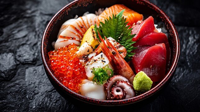 Detailed view of Japanese chirashi sushi fresh seafood arranged over rice served in lacquer bowl against dark black textured background