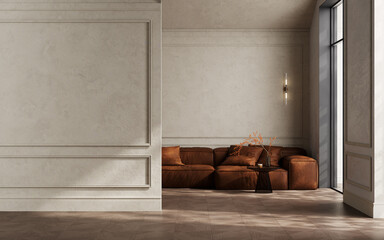 Classic beige interior with sofa, blank wall and coffee tables, 3d render illustration mockup