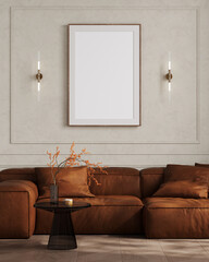 Big frame poster mockup in classic interior, living room with couch, 3d rendering