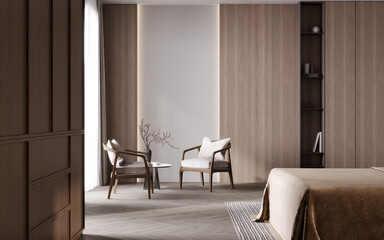 Cozy hotel concept with armchairs and wall panels, 3d rendering