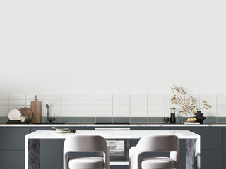 Kitchen wall mockup in trendy color pantone cloud dancer white, 3d render