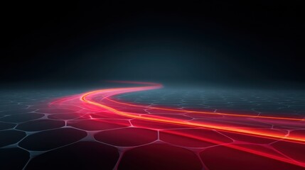 Abstract futuristic background with glowing red line on dark hexagonal grid, perfect for digital art, technology, and sci-fi themes
