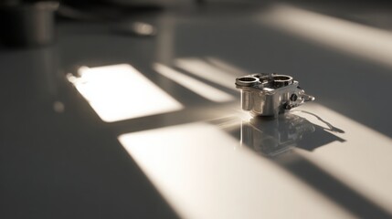 minimal light workshop scene, single carburetor gasket on bright surface, soft diffuse shadows, clean technical mood