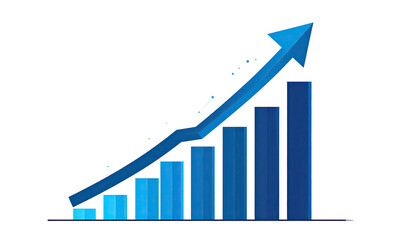 A blue arrow pointing upwards above a series of ascending blue bar graphs