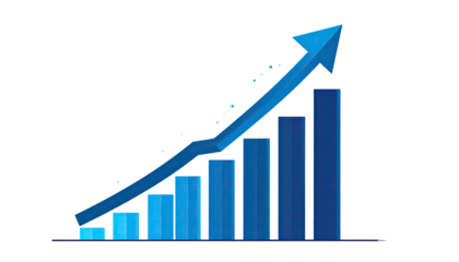 A blue arrow pointing upwards above a series of ascending blue bar graphs
