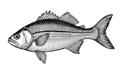 Fototapeta premium Vintage Engraving of a White Bass Fish on a White Background.