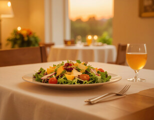 a plate with a mixed salad on the dinner table