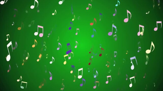 Colorful musical notes floating and falling against a vibrant green background, creating a cheerful and dynamic visual.