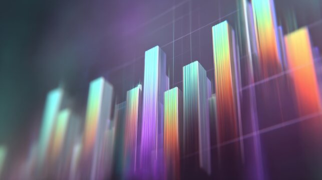 Colorful abstract data visualization with glowing bar graph against blurred background showcasing financial growth and modern technology in vibrant design - Powered by Adobe