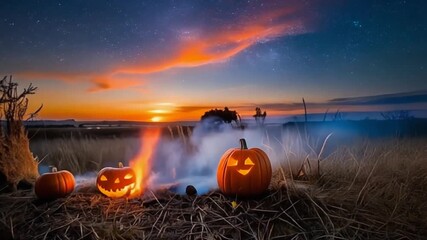 Halloween pumpkins glowing at sunset in a field with a campfire.