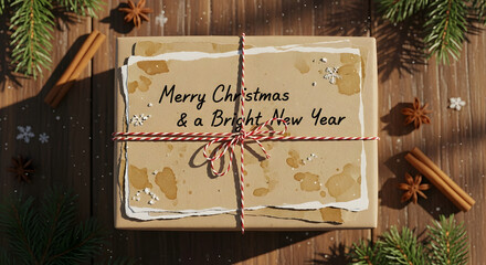 Merry christmas and a bright new year message on a rustic wrapped gift with holiday spices