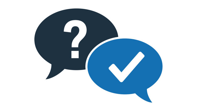 Question and answer concept with dark question mark and blue checkmark speech bubbles