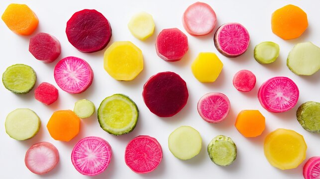 Flat lay of assorted Japanese tsukemono pickles vibrant colors neatly arranged over plain white background