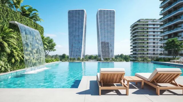 Luxury infinity pool with lounge chairs and tropical waterfall at modern high-rise resort
