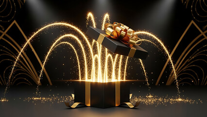 Night city architecture scene with colorful rainbow light fountain and bright fireworks over the urban river water