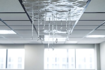 Water dripping from ceiling tiles in an office after a flood.