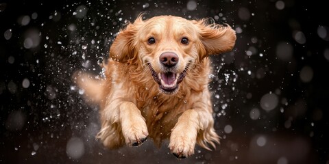 Golden retriever joyfully running through water splash National Water Balloon Day