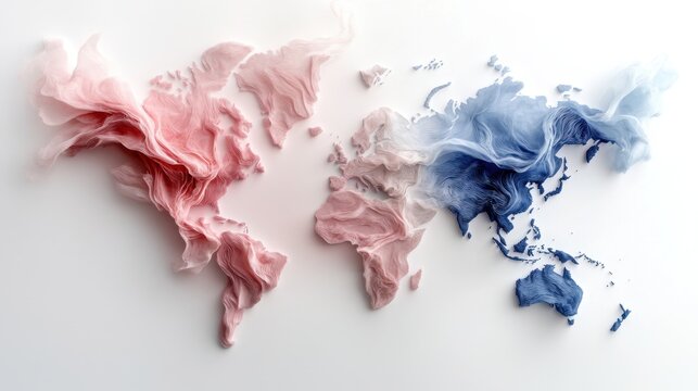 Artistic world map with flowing texture in pink and blue tones