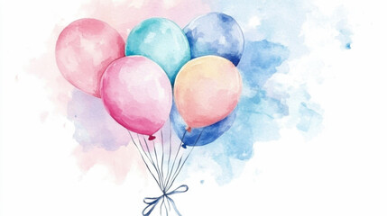 Watercolor balloons in soft pastel colors floating against a light abstract background. Balloons Around the World Day. Birthday Celebration Cake, International Cake Day