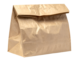 Crumpled brown kraft paper lunch bag with folded top, blank takeaway food packaging sack mockup on isolated background