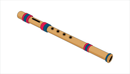 Bamboo flute with red and blue decorative bands and finger holes on a white background woodwind musical instrument