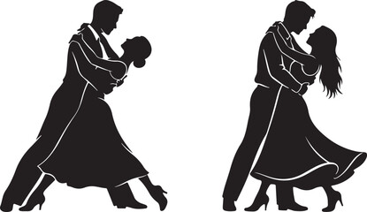 Black silhouette Romantic of a couple dancing gracefully vector on white background. Dynamic Silhouette Ballroom Dance Couple Posing Gracefully, 