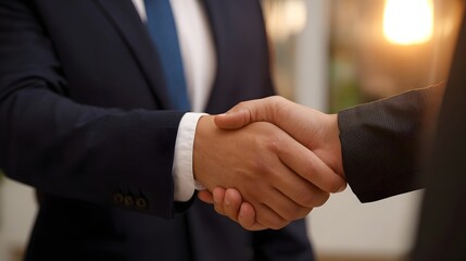 Two professionals shaking hands symbolizing a successful business agreement and partnership in a bright warm setting