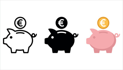 Three piggy bank icons with euro symbols and coins in white black and pink money saving