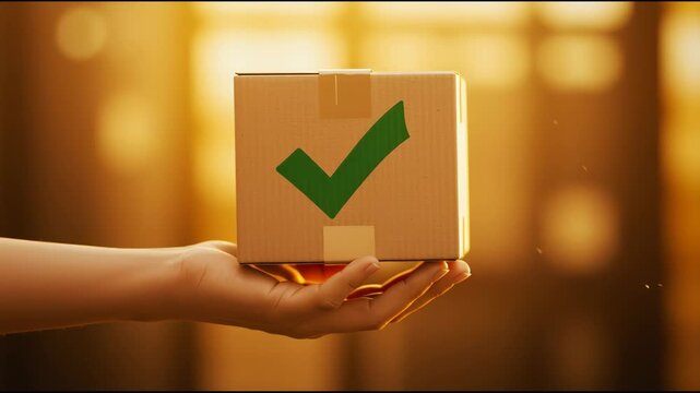 handing over a package with a green checkmark in warm lighting