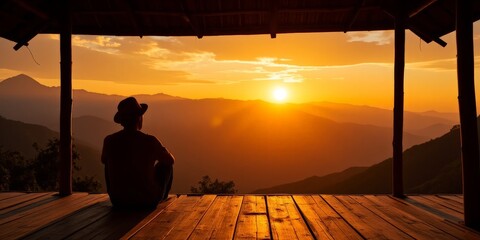 Man stood wooden balcony porch back warm orange sunrise mountain cliff travel.