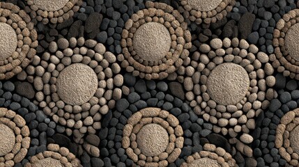 Seamless pattern of polished river stones stacked into concentric circular formations stone sharp textured shadowed accurately The repeating