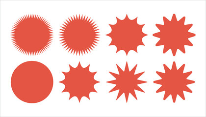 Collection of eight red starburst shapes and one solid red circle on a white background graphic