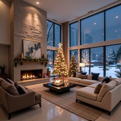 Obraz premium Cozy Holiday Living Room with Festive Decorations and Snowy Views