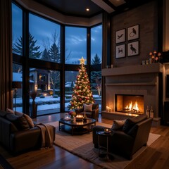 Obraz premium Cozy Modern Living Room Celebrating Christmas