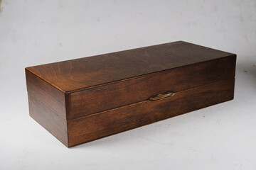 wooden box on white cardboard vintage background