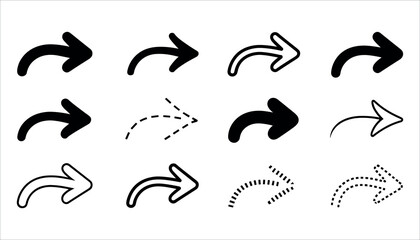 Twelve black and white arrow icons with curved tails pointing right direction symbol