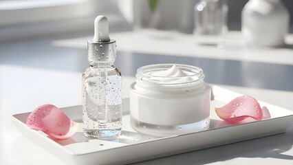 A white tray featuring a serum and moisturizer bottle, designed for skin care routines