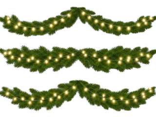 Festive christmas tree branches with string lights isolated on transparent background