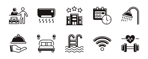 Room hospitality service icon set for hotel, resort, apartment, accommodation, property estate facility sign vector. Check-in, air conditioning, schedule, shower, eatery, pool and more illustration
