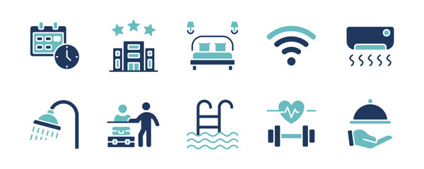Business hotel facility and hospitality services icon set. Booking, check-in, apartment building, shower, wi-fi, air conditioning, pool, gym, eatery, guest room service signs vector illustration