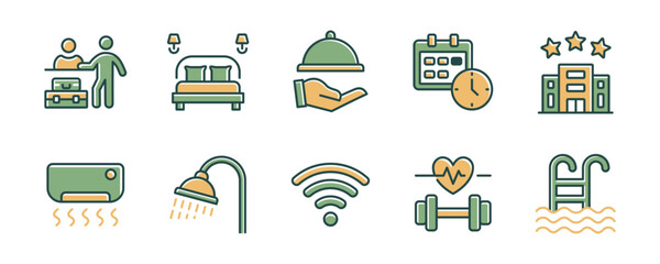 Hotel and resort facility room services icons line. Set of business apartment, motel, property rent, hostel hospitality service signs vector illustration