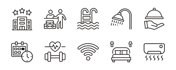 Hotel service icons line set. Resort business room hospitality, apartment, property, accommodation, hostel facility and services signs outline vector illustration