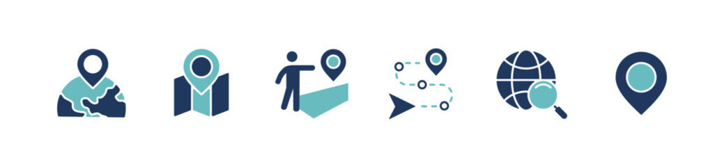 Travel route guide global map navigation icon set pinpoint marker map location gps target direction to destination position road trip navigator signs vector illustration